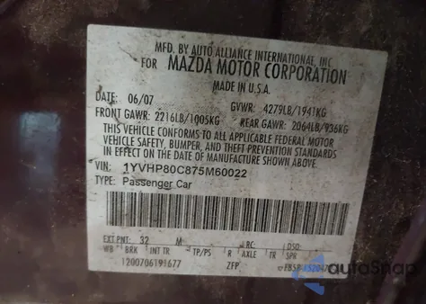 2007 Mazda Mazda6 I Sport Ve из США, поврежденный, VIN 1YVHP80C875M60022